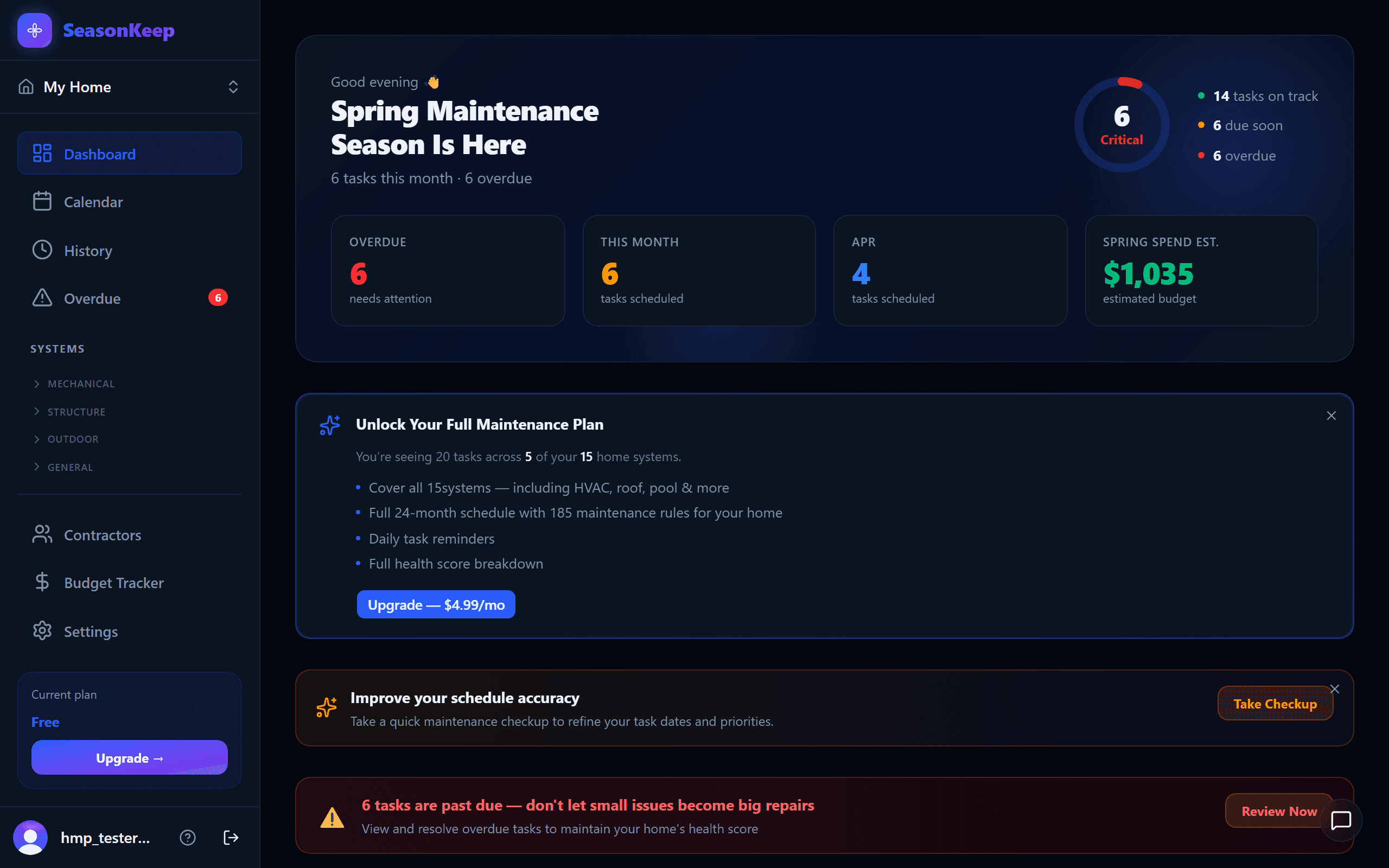 SeasonKeep dashboard showing Home Health Score, upcoming tasks, and maintenance calendar overview